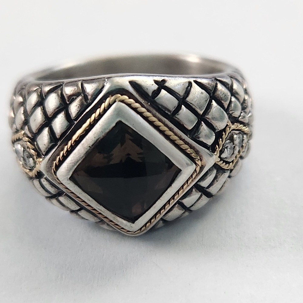 ELEGANZA Smoky Quartz, Diamonds, 925 Silver, 18K Gold ring, size 6, preloved